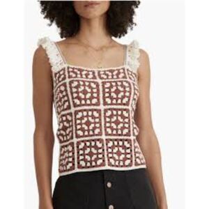 Marine Layer Cora Granny Square Crochet Tank Top Back Buttons Brown White XL
